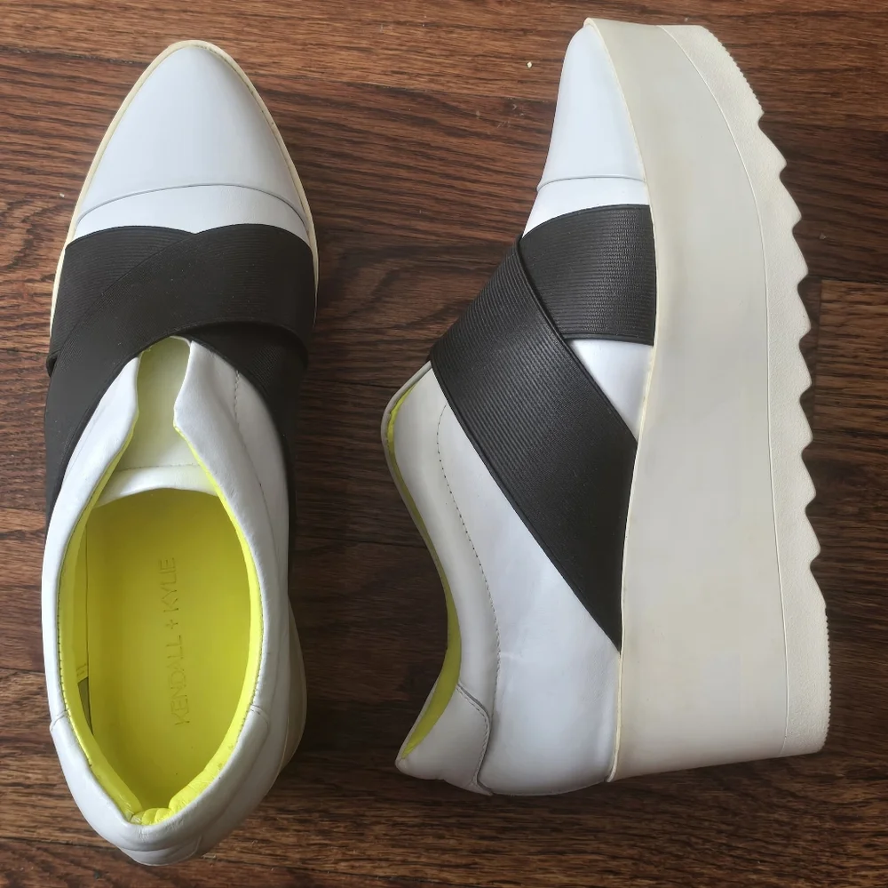 Kendall & Kylie White Black Platform Sneakers with Neon Yellow Lining